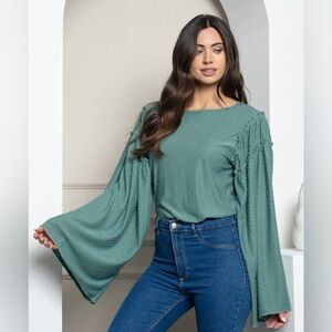 Peach Love Bell Long Sleeve Swiss Dot Open Back Bell Sleeve Bodysuit NWT Preppy